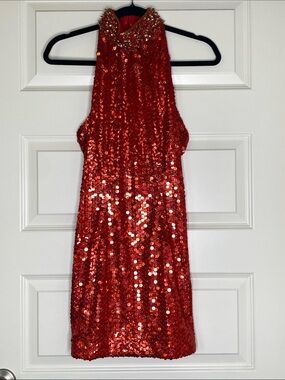 Scala Red Sequin Vegas Dress with Beaded Collar